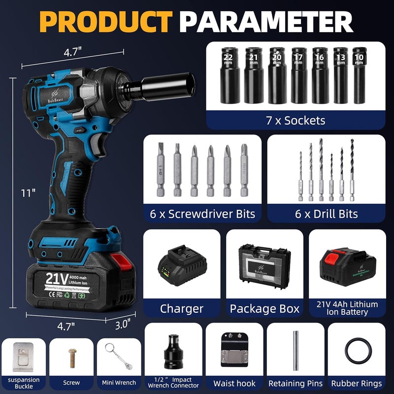 BoltBeast 500 N.m Brushless Impact Wrench with Small Wrench, Waist Hook, 7 Sockets, 6 Scredrivers and 6 Drill Bits 3500 RPM Heavy Duty Impact Drill for Cars, RV, Truck,Home Furniture and DIY Projects - Image 2